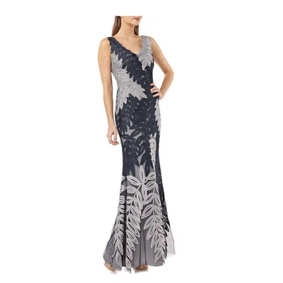 NWOT BHLDN JS Collections Soutache Leaf Embroidered Gown In Navy and Grey Size 4 - Picture 3 of 15